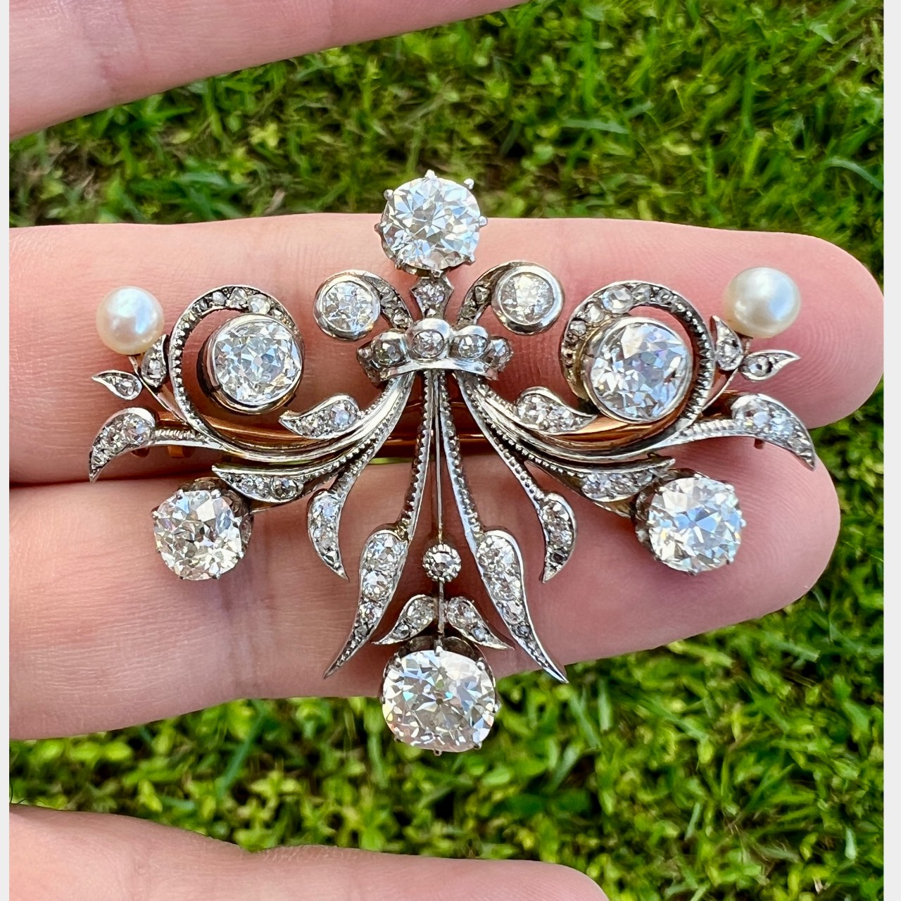 Art Deco 18K Yellow Gold & Platinum 9.95 Ct. Diamond and Natural Pearl Brooch/Pendant