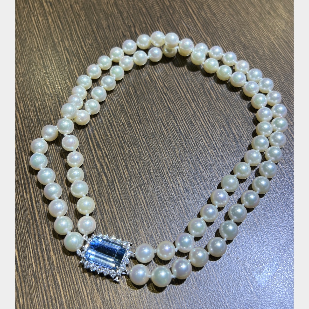 Platinum Aquamarine, Diamond, and Cultured Pearl Necklace