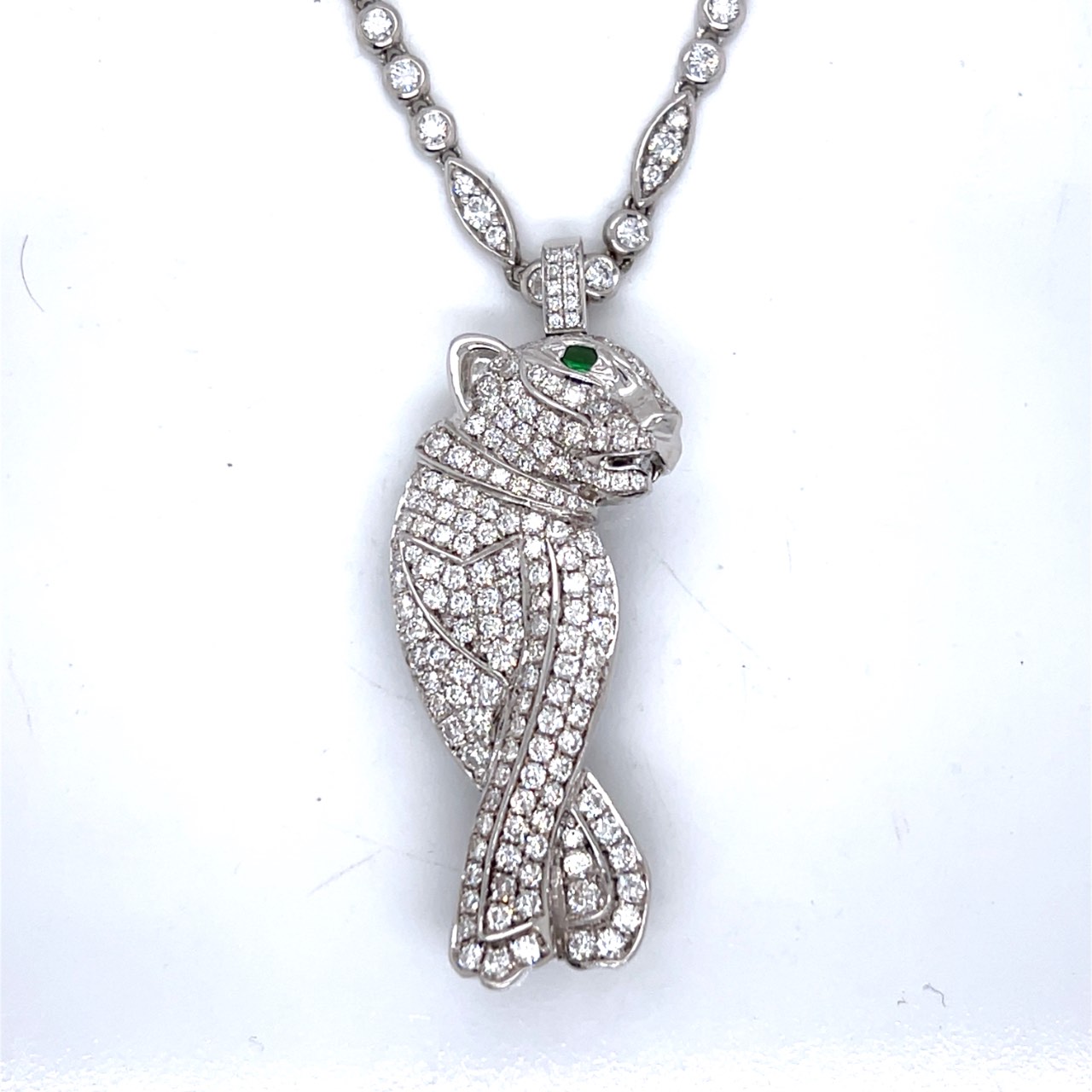 18K & 14K White Gold Diamond Panther Pendant and Diamond Necklace