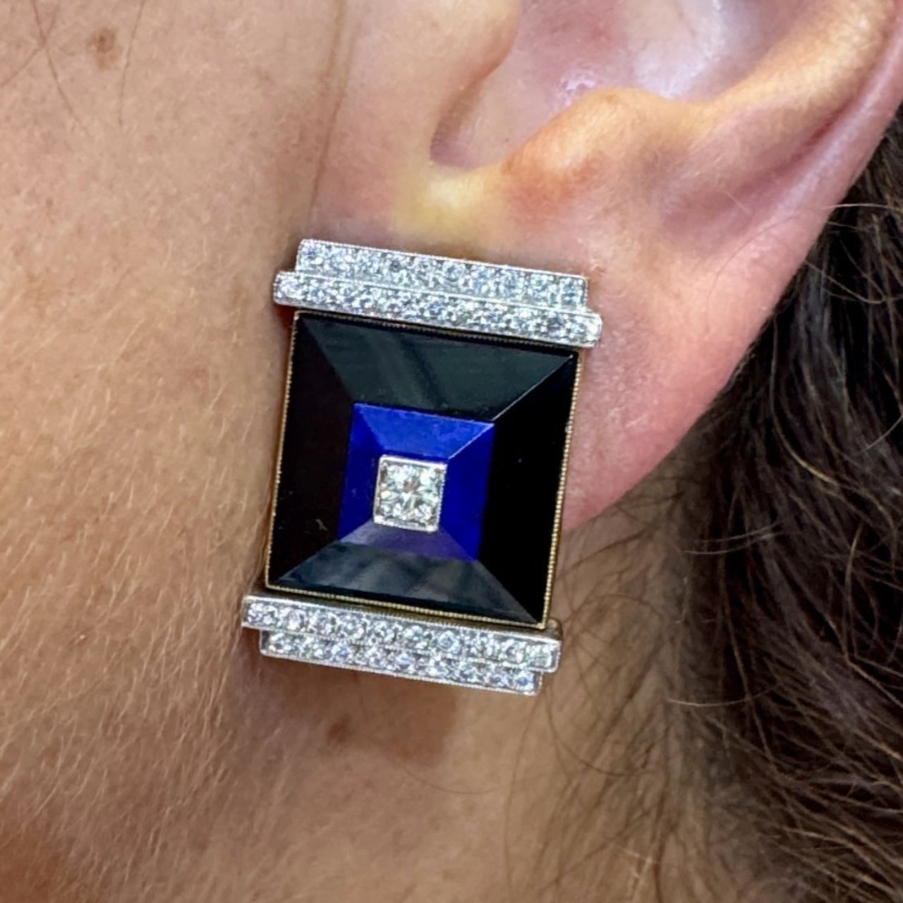 18K Yellow Gold & Platinum Lapis Lazuli, Onyx, & Diamond Earrings