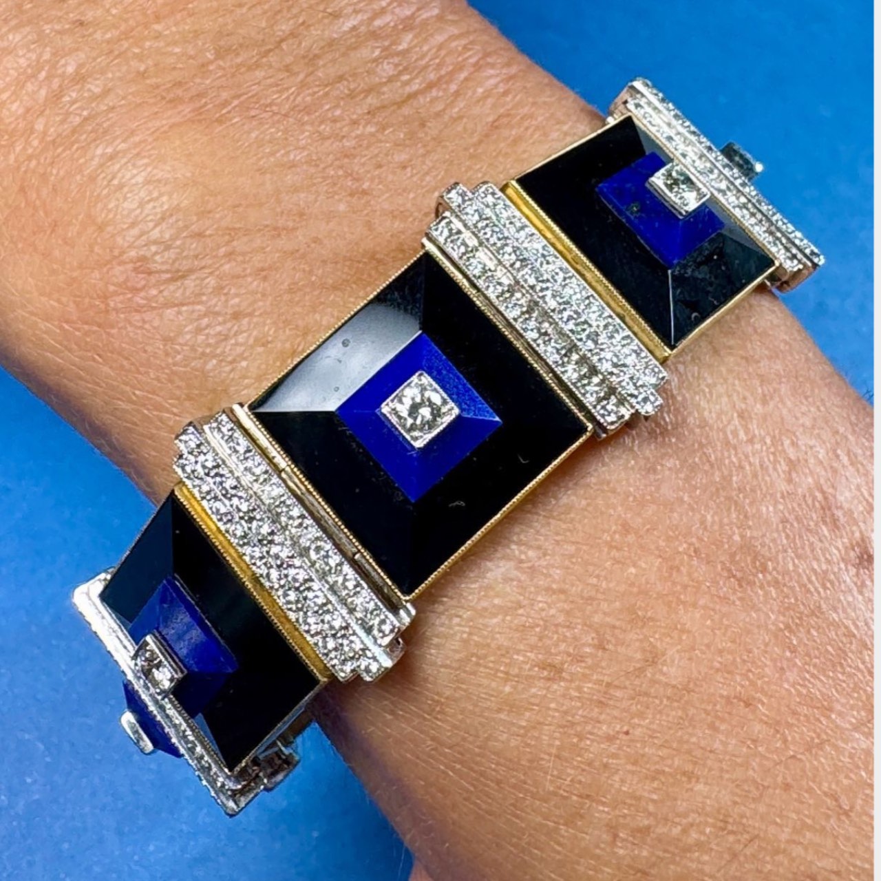 18K Yellow Gold & Platinum Lapis Lazuli, Onyx, & Diamond Bracelet