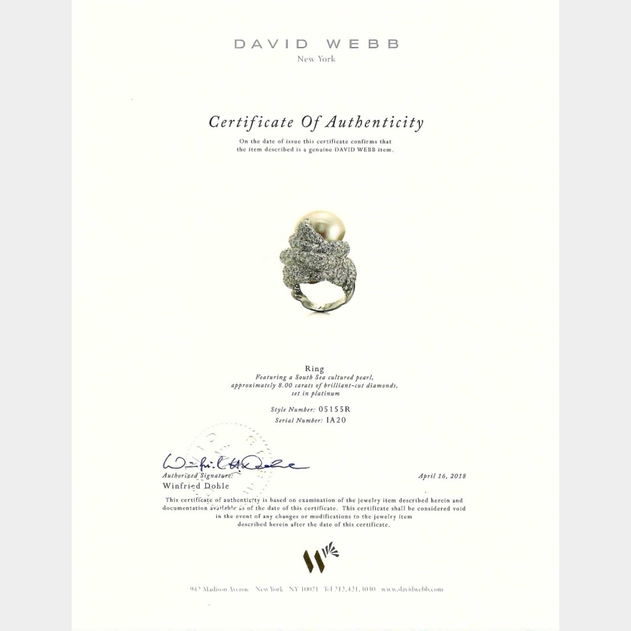 DAVID WEBB Platinum South Sea Pearl & Diamond Ring - Image 6