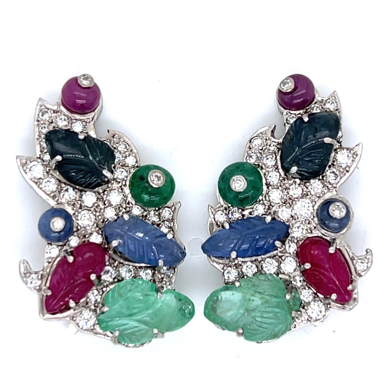 18K White Gold Diamond, Emerald, Ruby, and Sapphire Earrings