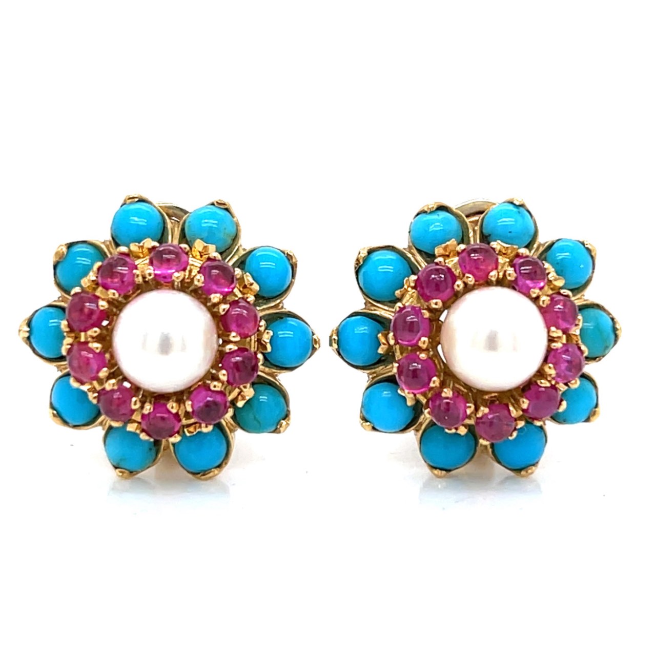 FRENCH 18K Yellow Gold Ruby, Pearl, and Turquoise Earrings