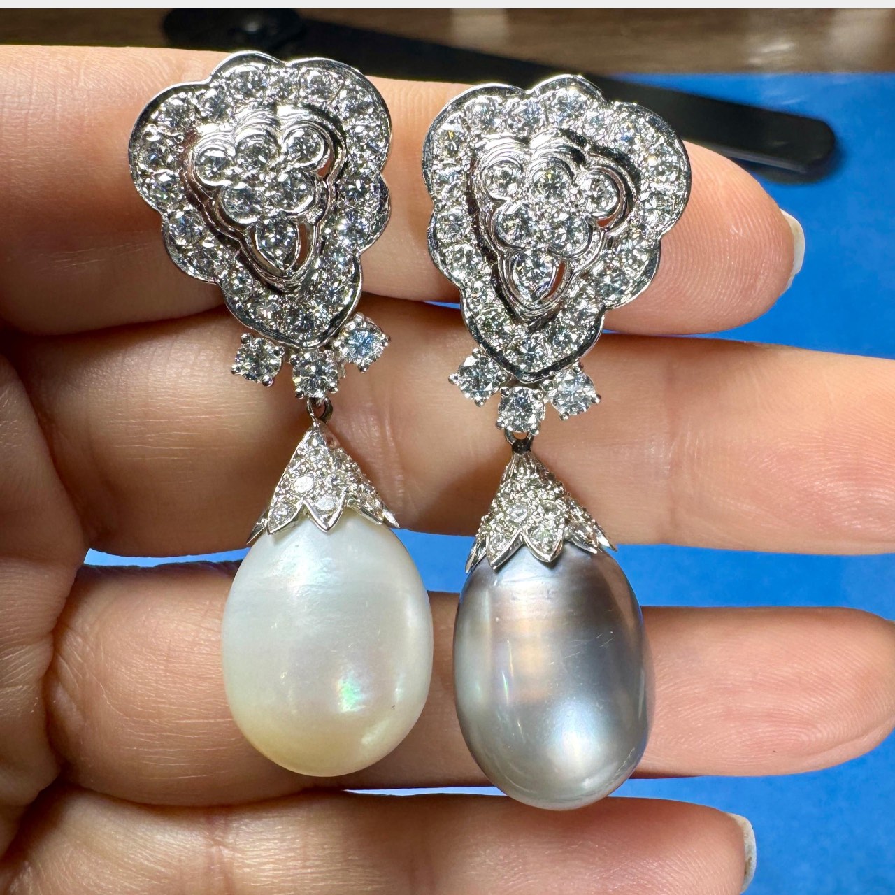 1980’s Platinum South Sea Pearl & Diamond Day/Night Earrings