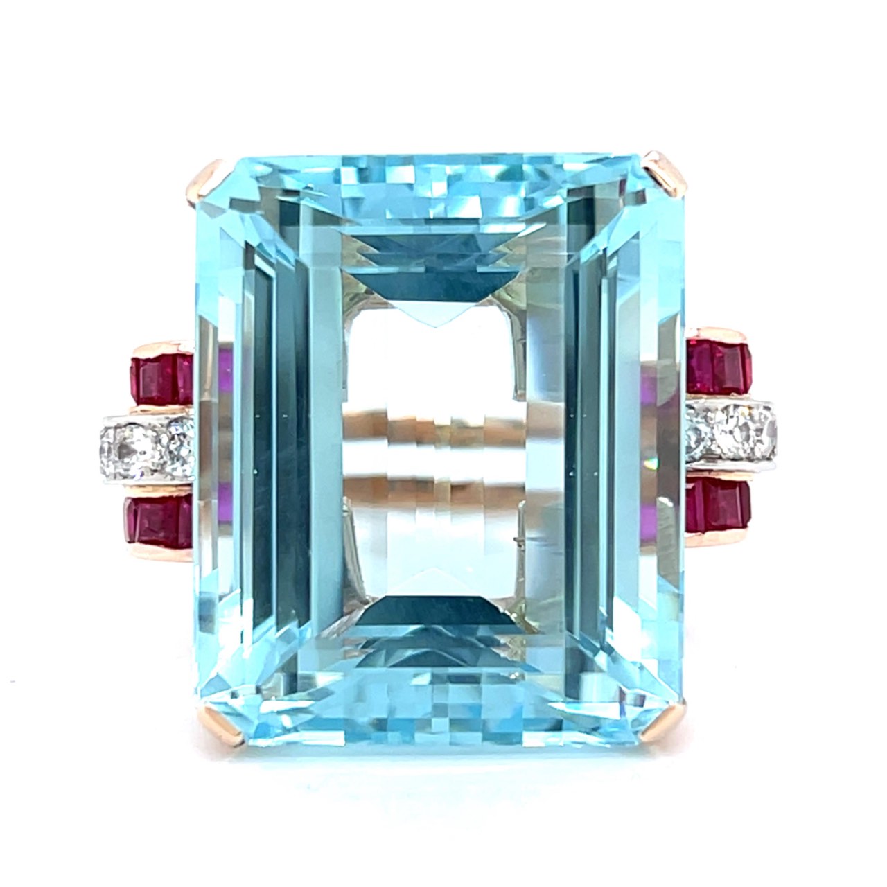 Retro 14K Rose Gold 50.00 Ct. Aquamarine, Burma Ruby, and Diamond Ring