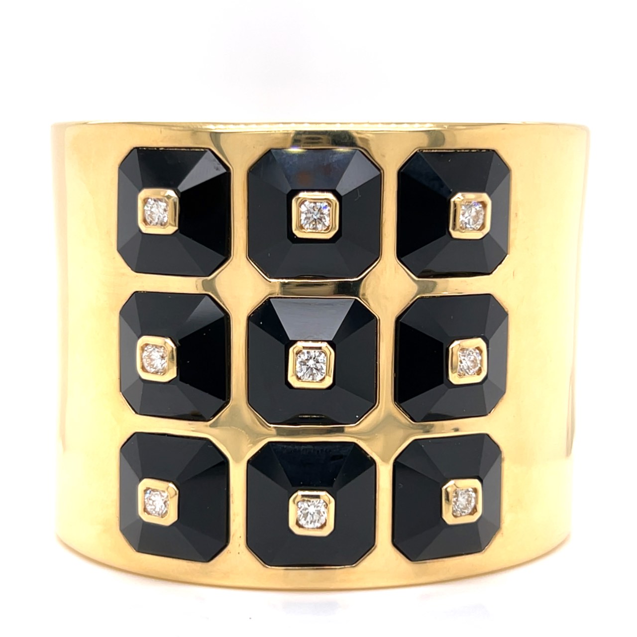 18K Yellow Gold Onyx & Diamond Bangle Cuff Bracelet