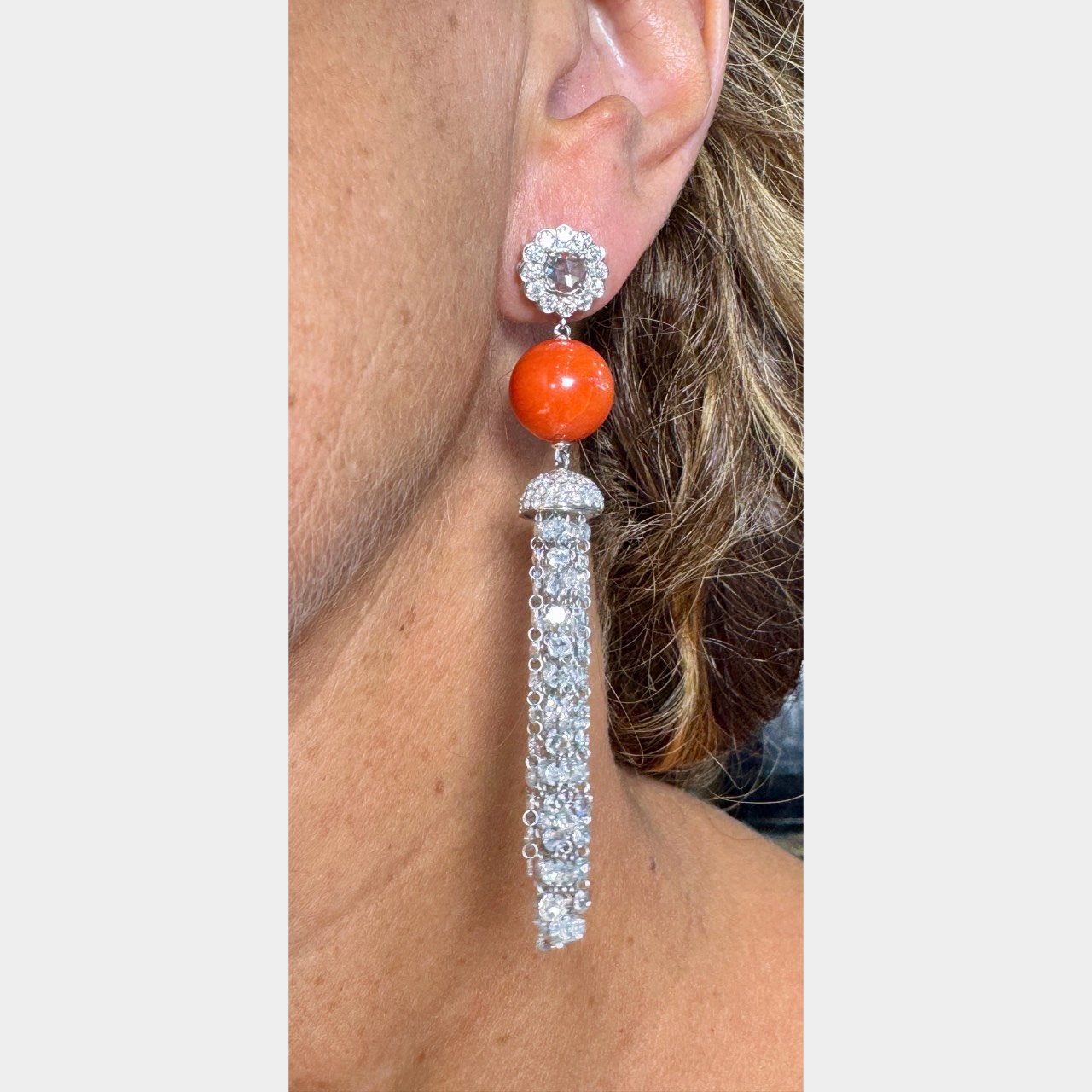 18K White Gold Coral & Diamond Chandelier Earrings