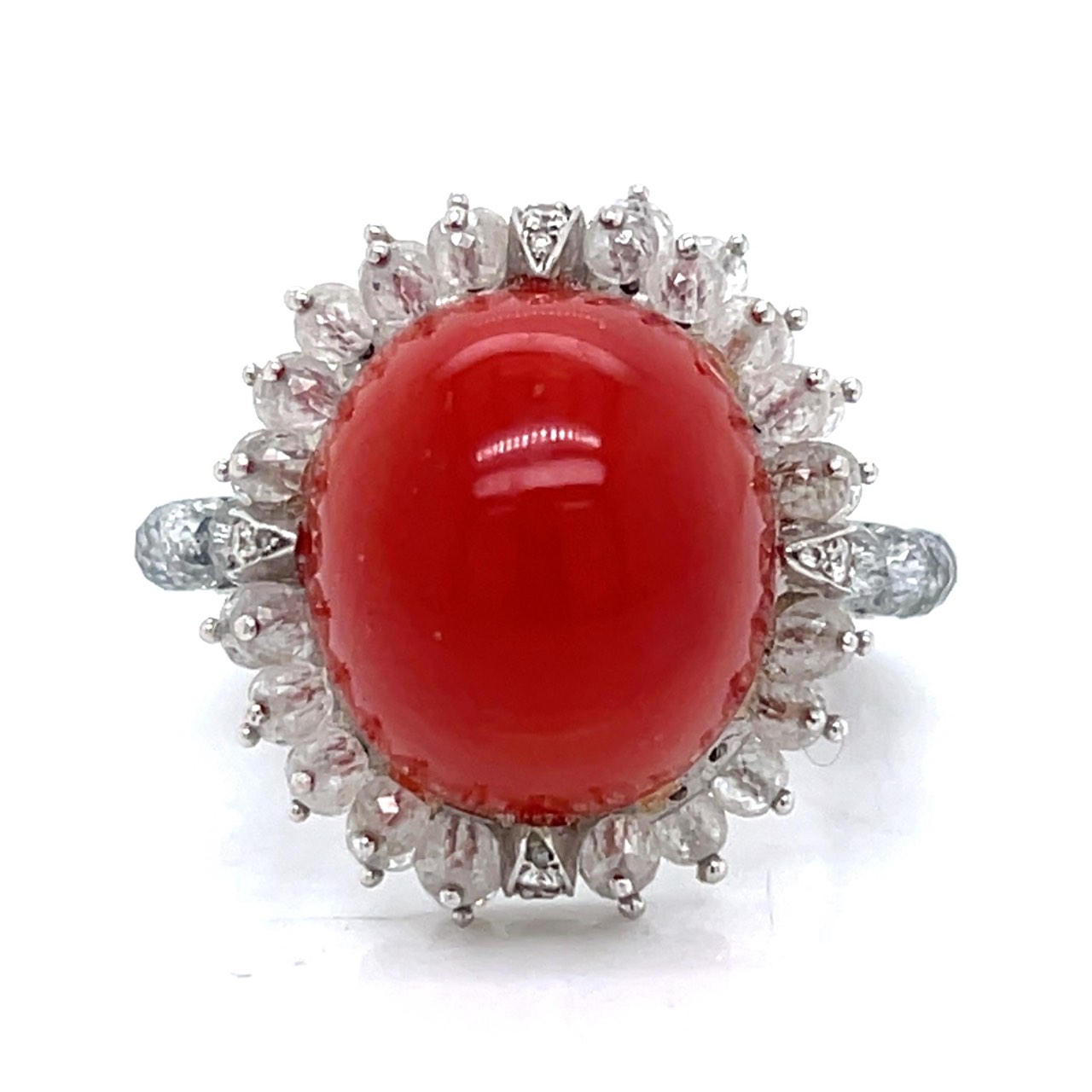 18K White Gold Coral & Diamond Ring