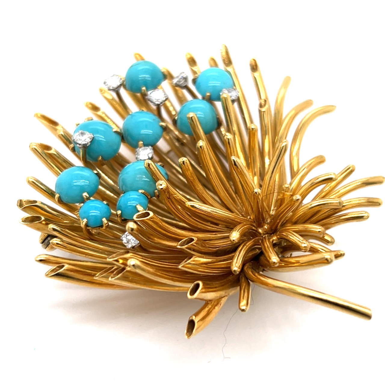 1960’s 18K Yellow Gold Persian Turquoise & Diamond Brooch - Image 2