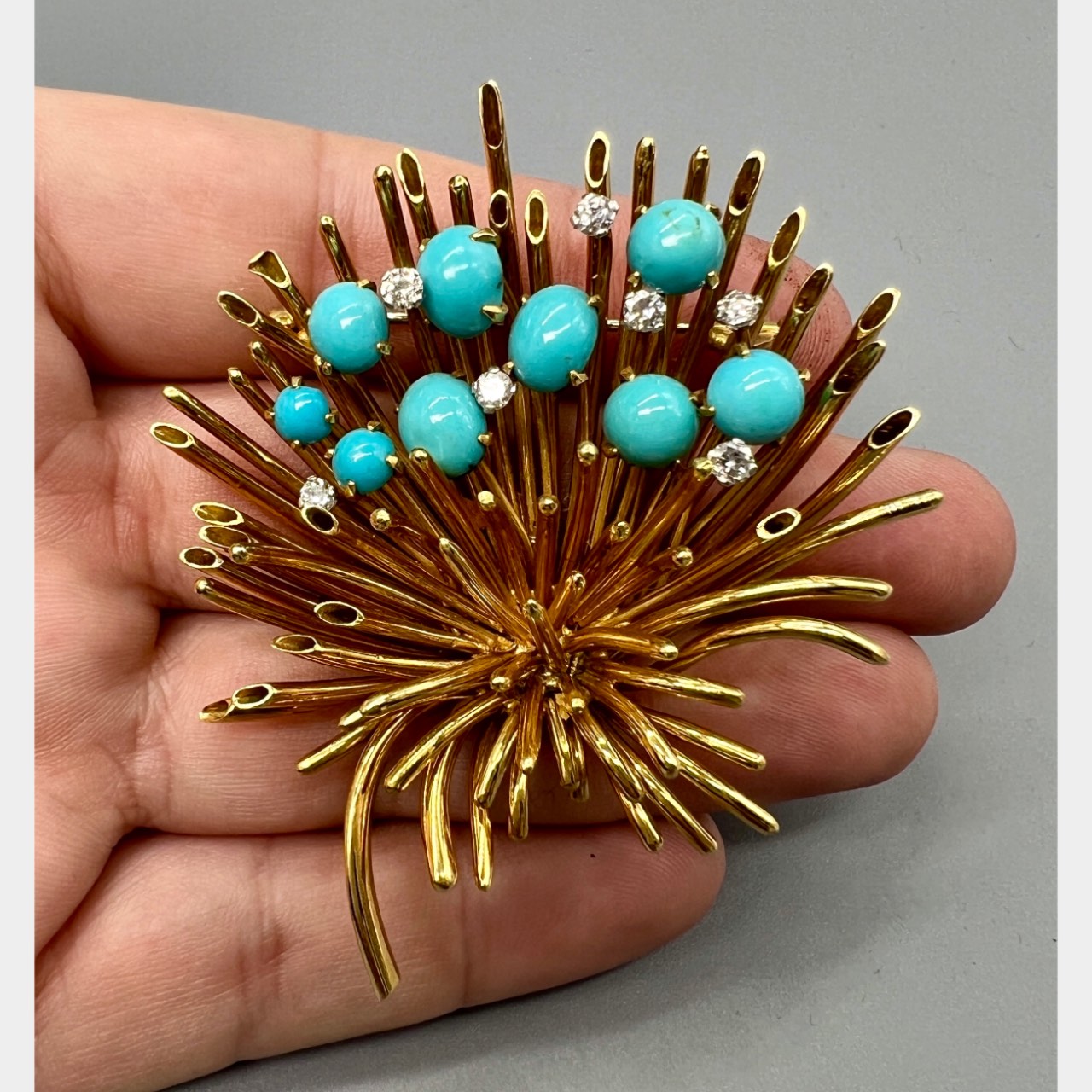 1960’s 18K Yellow Gold Persian Turquoise & Diamond Brooch - Image 4