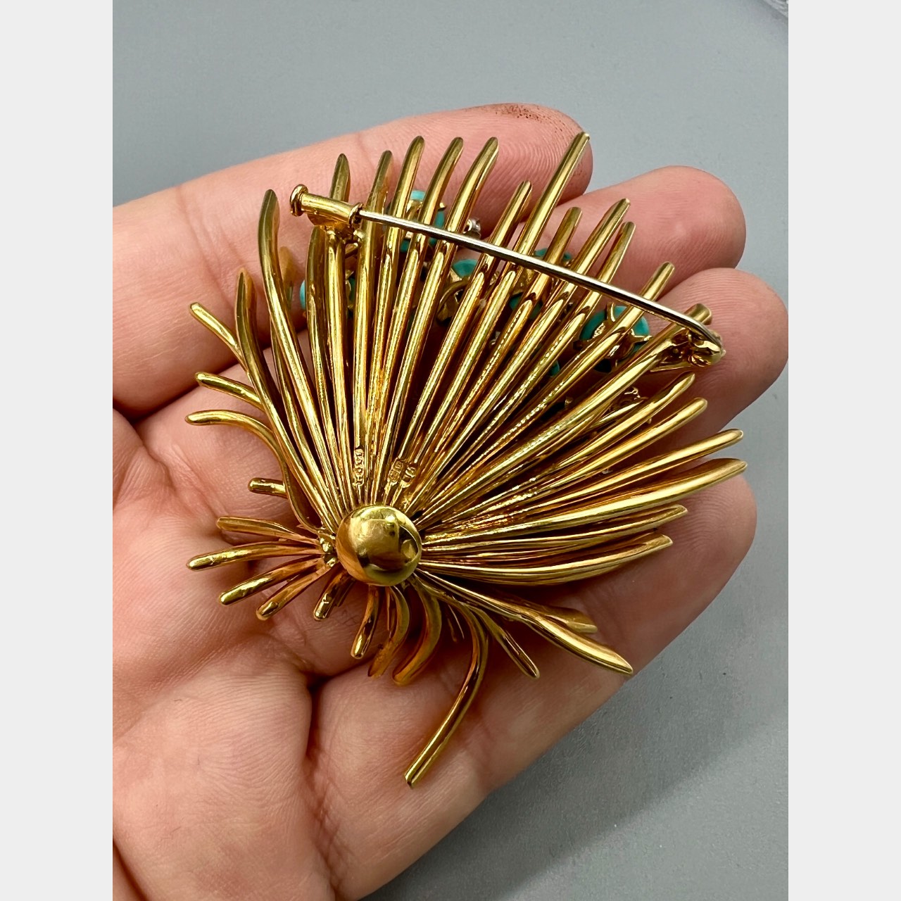 1960’s 18K Yellow Gold Persian Turquoise & Diamond Brooch - Image 5