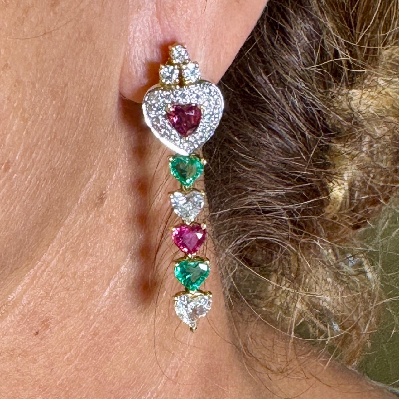 French 18K Yellow Gold Ruby, Emerald, and Diamond Earrings