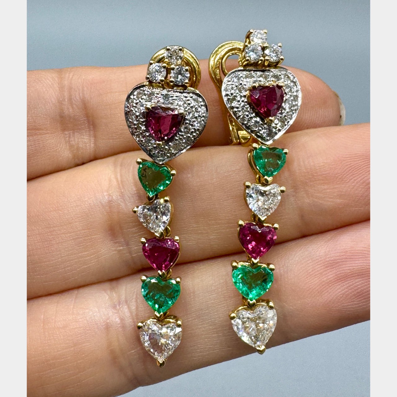 French 18K Yellow Gold Ruby, Emerald, and Diamond Earrings - Image 2