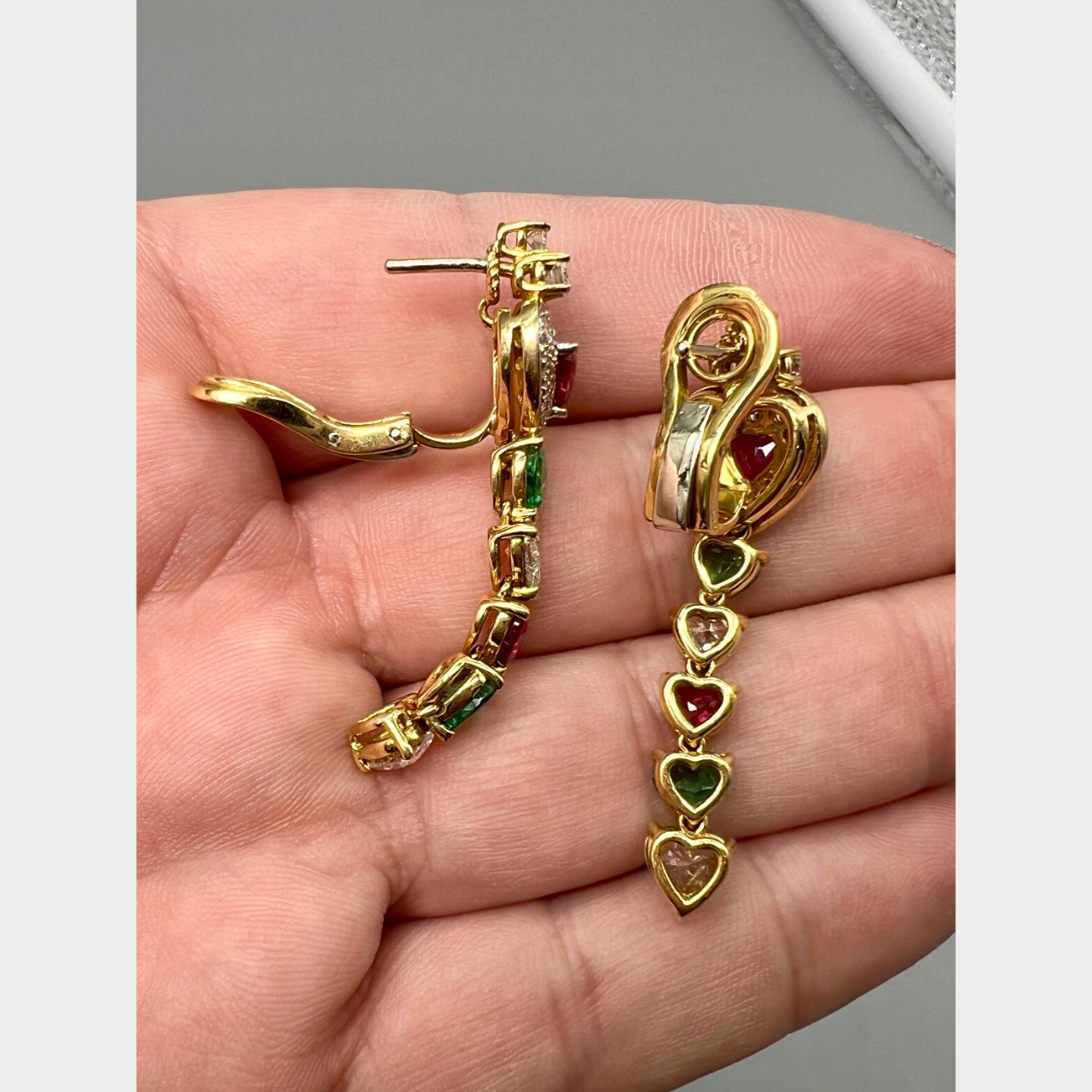 French 18K Yellow Gold Ruby, Emerald, and Diamond Earrings - Image 3