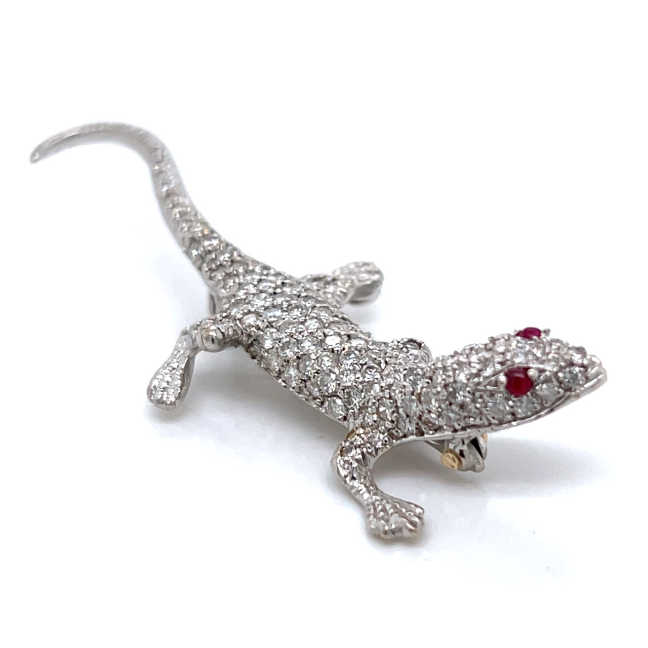 18K White Gold Diamond & Ruby Lizard Brooch