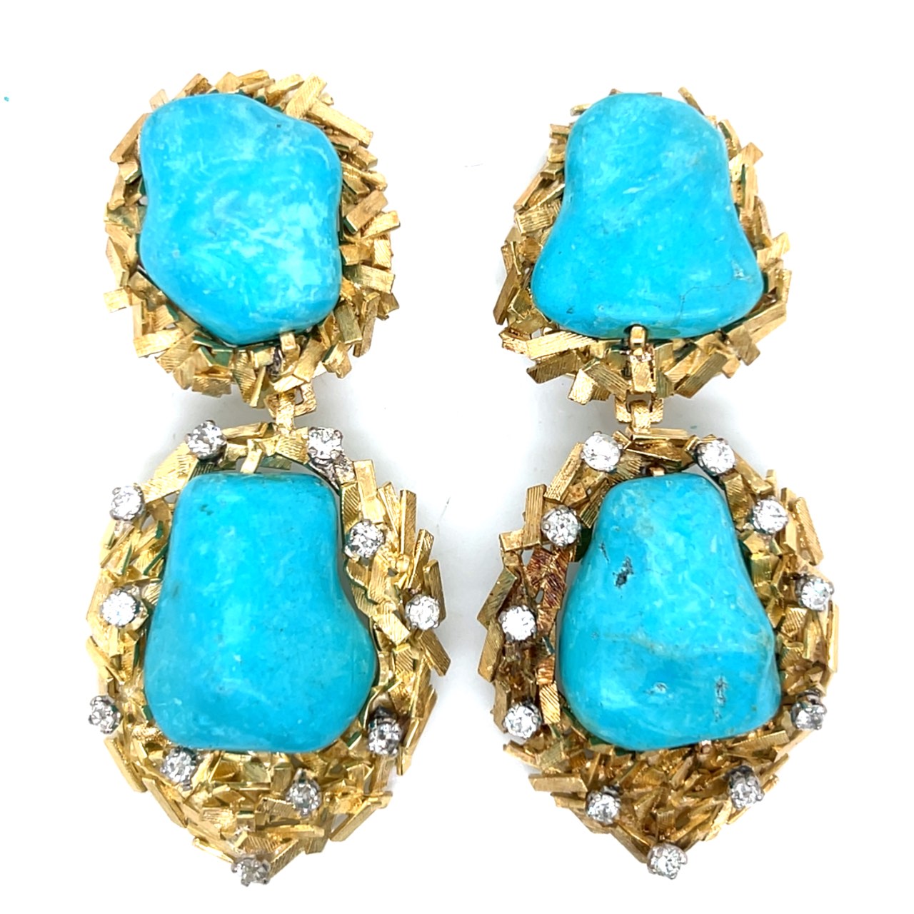 1960’s 14K Yellow Gold Turquoise & Diamond Earrings