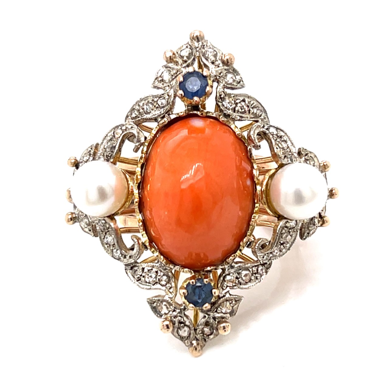 14K Rose Gold & Silver Top Coral, Sapphire, and Diamond Ring