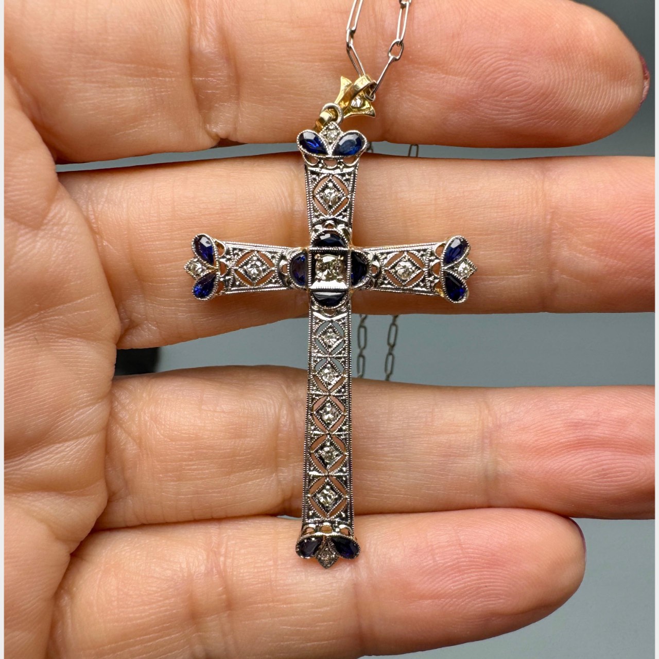 Antique 18K & Platinum Cross Pendant w/ Chain