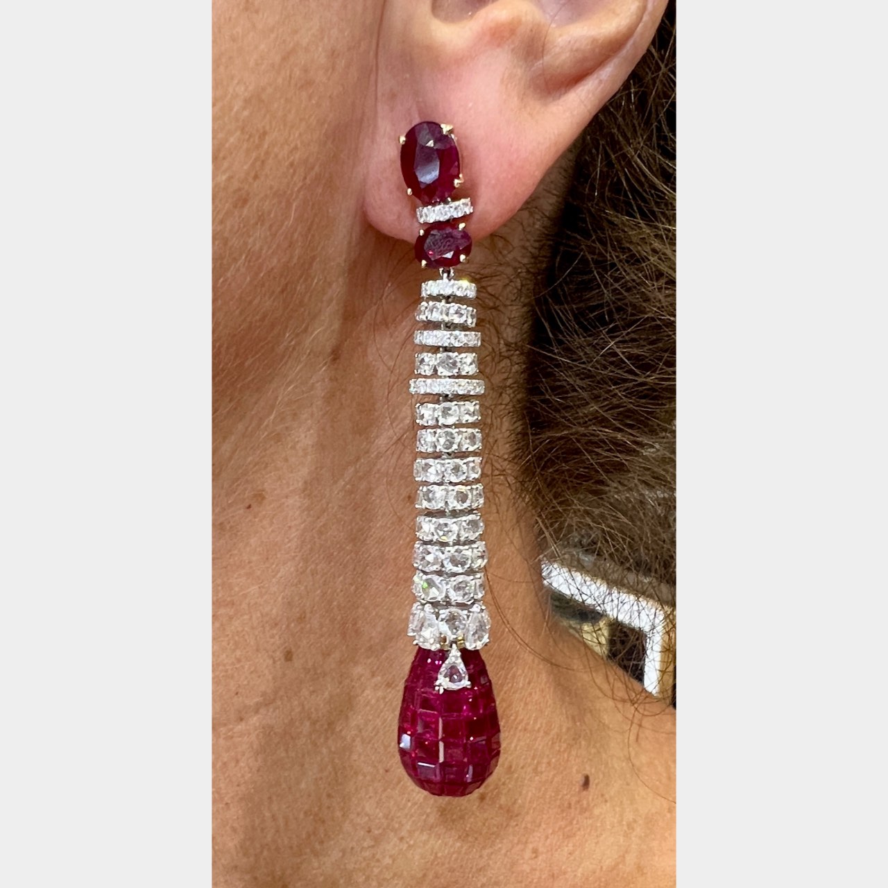 FRENCH 18K White Gold Ruby & Diamond Earrings