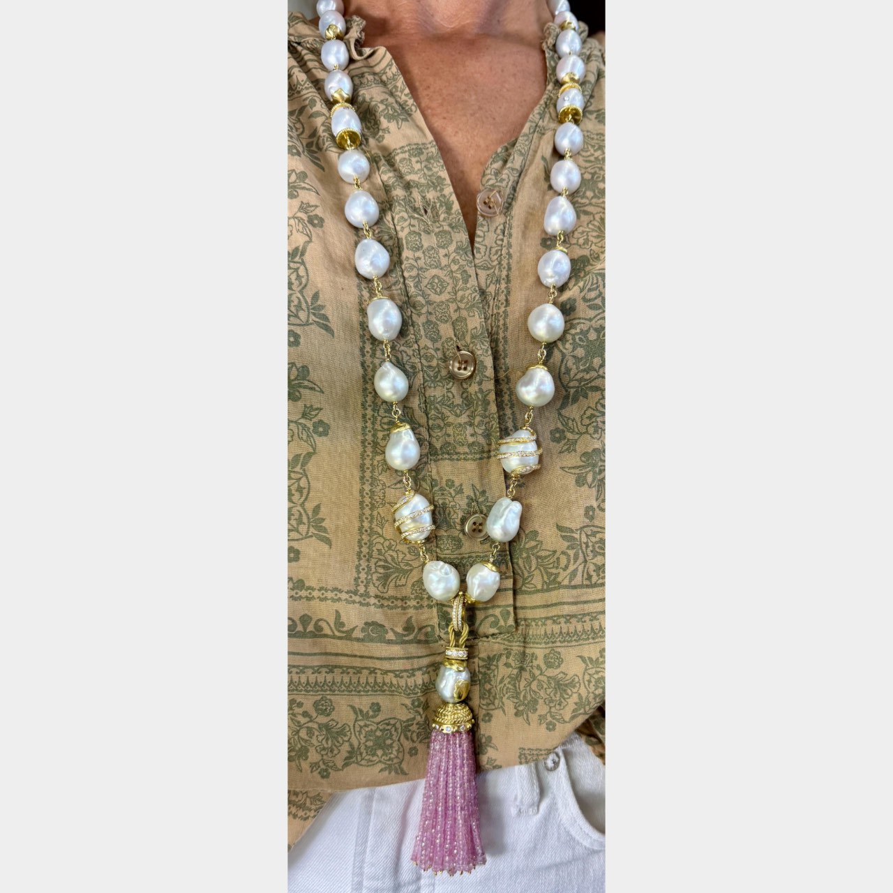 18K Yellow Gold South Sea Pearl, Pink Sapphire, & Diamond Necklace and Pendant Set