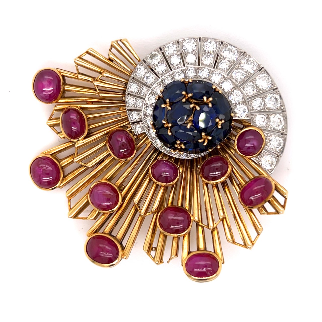 Retro 18K Yellow Gold & Platinum AGL Certified Sapphire, Ruby, and Diamond Brooch