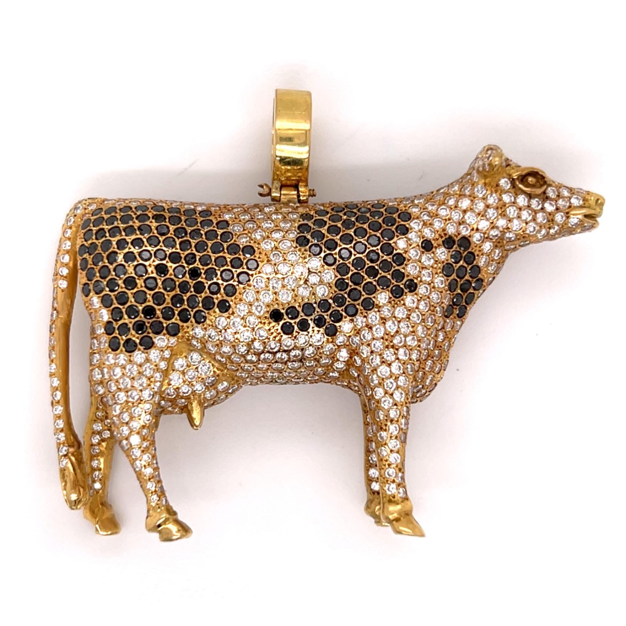18K Yellow Gold White & Black Diamond Cow Pendant