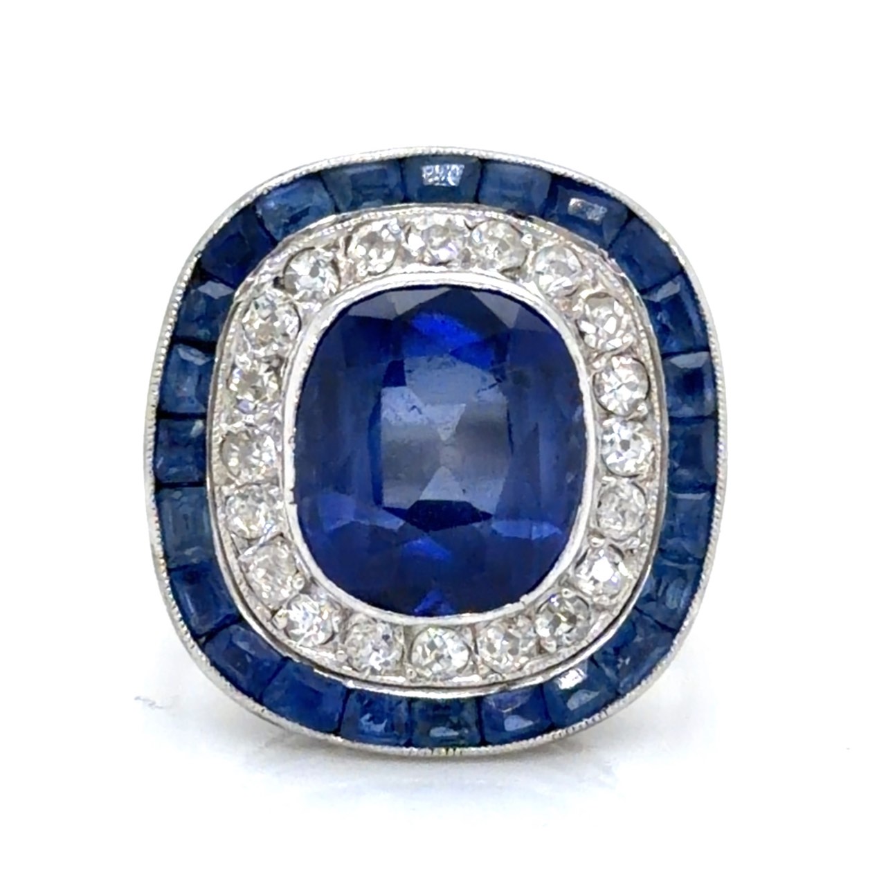 Art Deco Platinum GIA Certified Lab Grown Sapphire & Diamond Ring