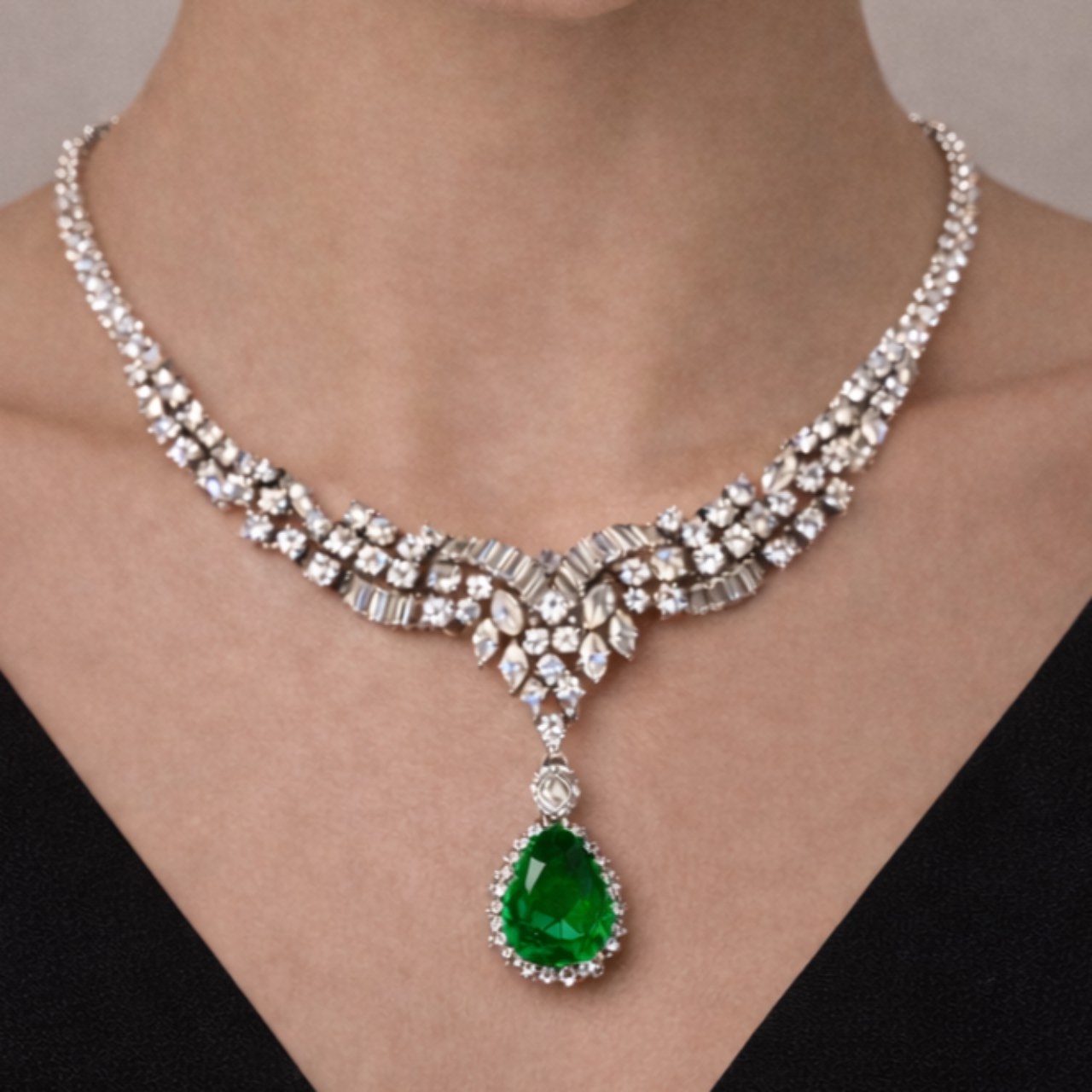 18K White Gold Colombian Emerald & Diamond Necklace