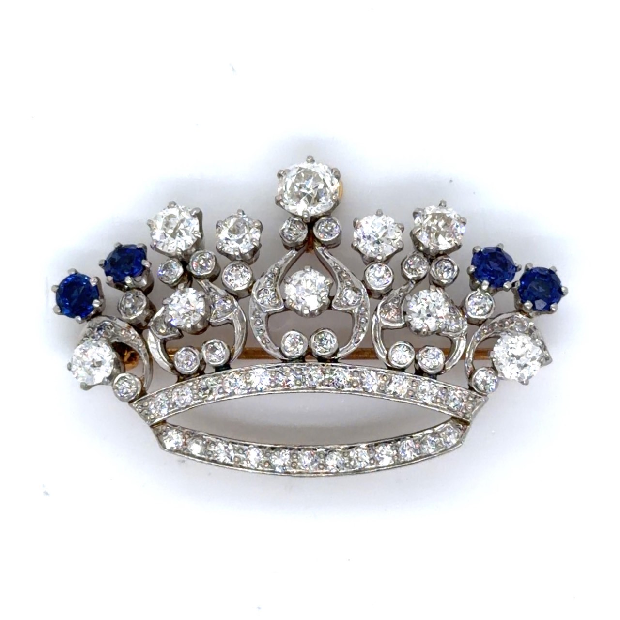 18K Yellow Gold & Platinum Top Diamond and Sapphire Crown Brooch