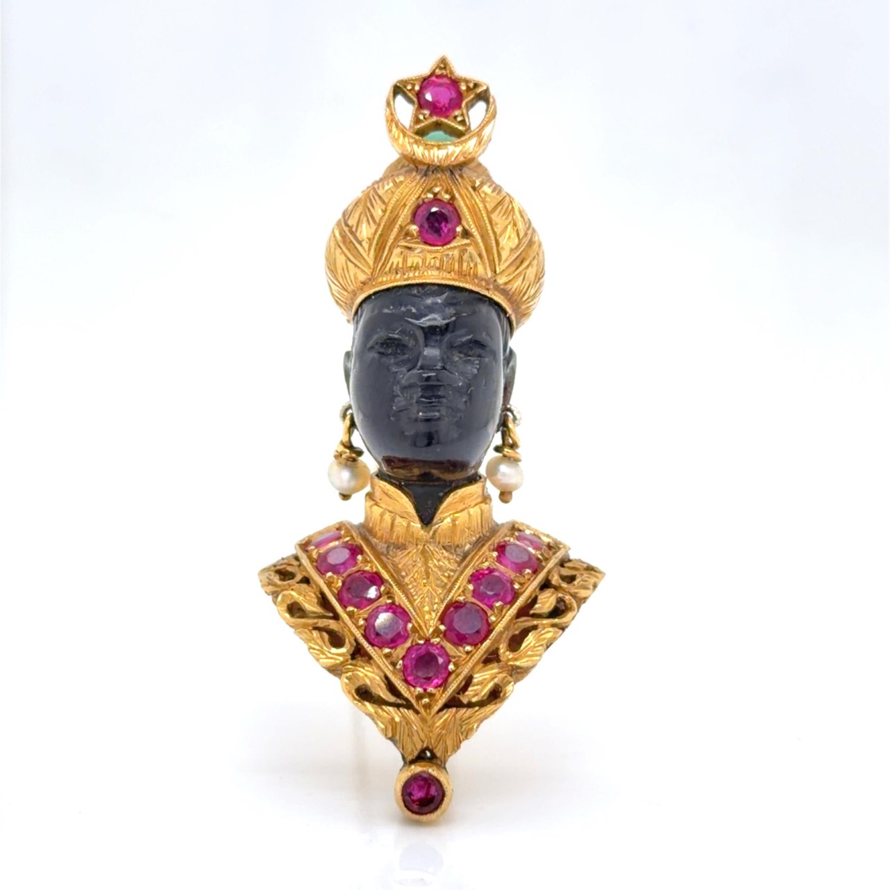 NARDI 18K Yellow Gold Burma Ruby & Turquoise Blackamoor Brooch