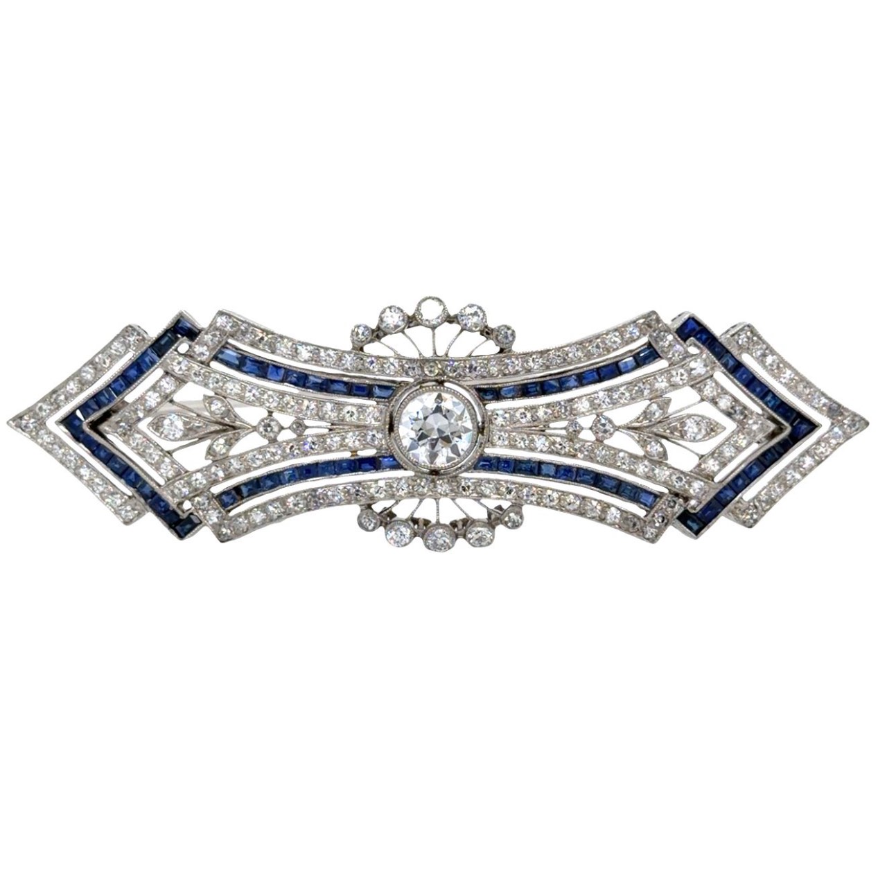 Art Deco Platinum Diamond & Sapphire Brooch