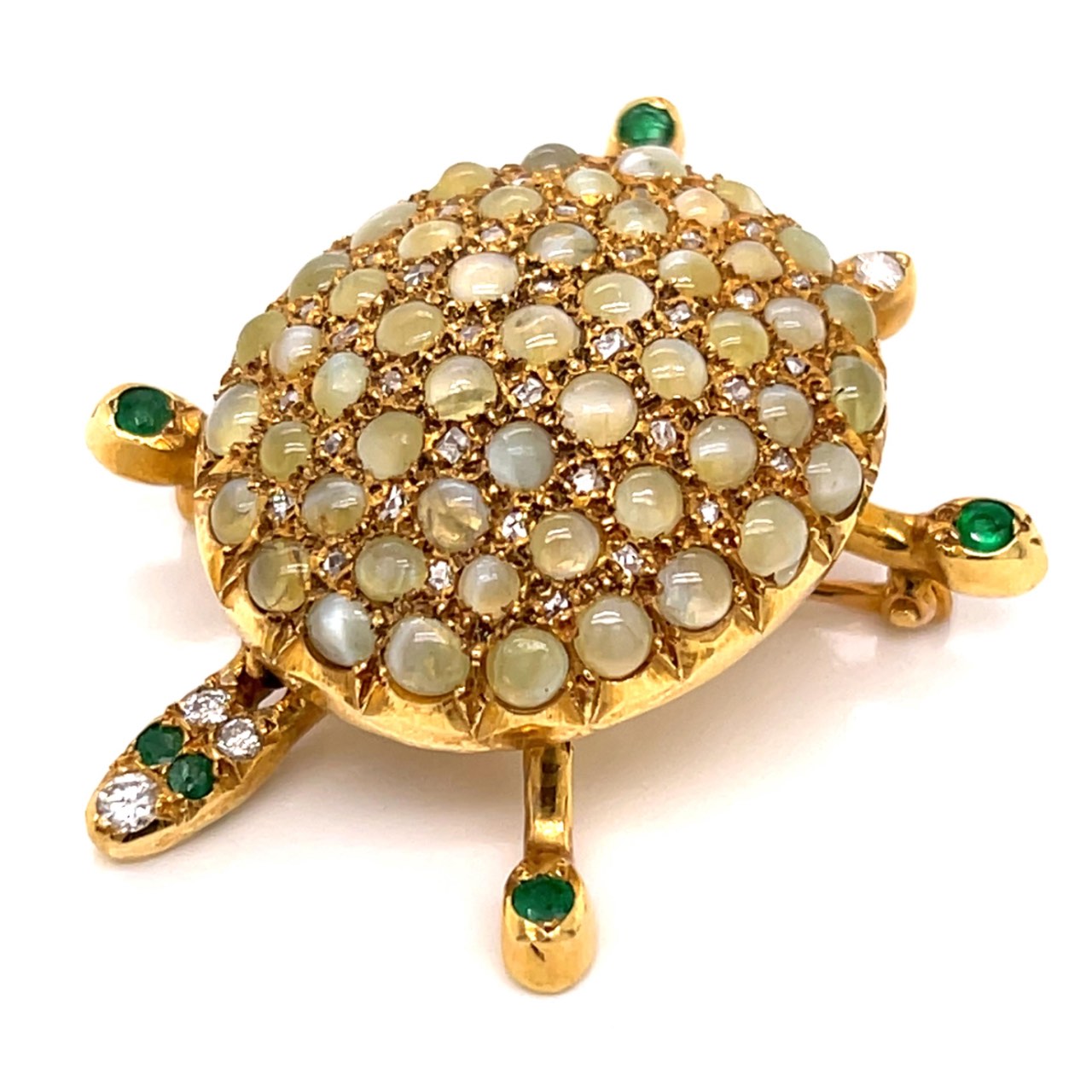 1960’s 18K Yellow Gold Diamond, Emerald, and Cat’s Eye Turtle Brooch