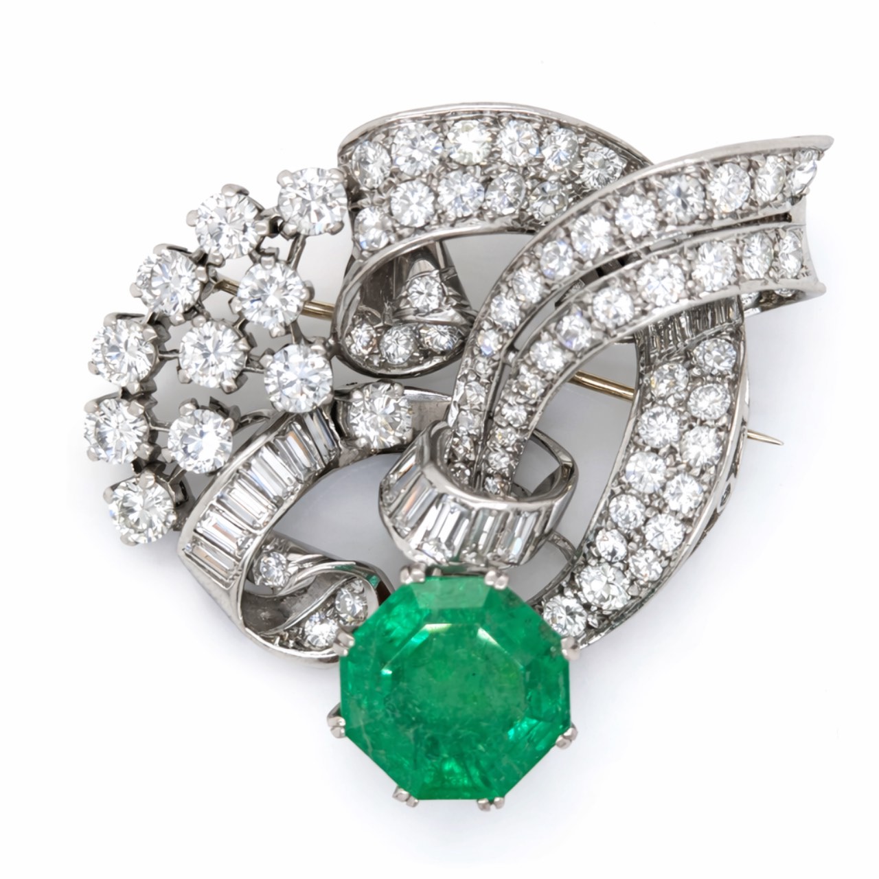 Art Deco Platinum GIA Certified 9.77 Ct. Emerald & Diamond Brooch Art Deco Platinum GIA Certified 9.77 Ct. Emerald & Diamond Brooch