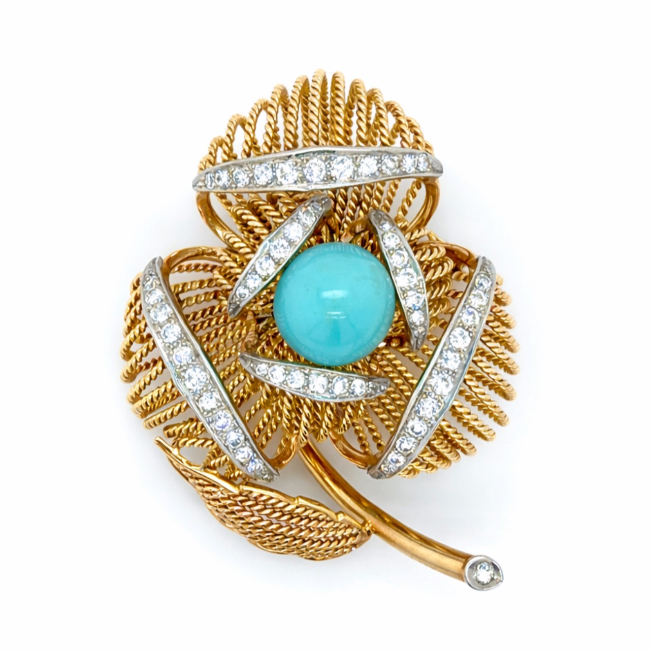 1960’s 14K Yellow Gold Turquoise & Diamond Brooch
