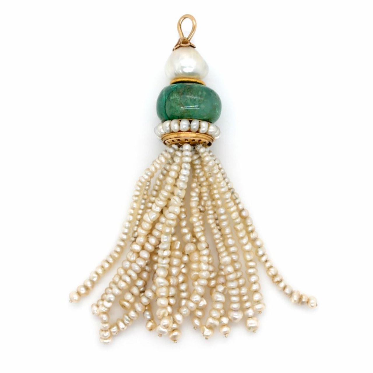 Victorian 14K Yellow Gold GIA Certified Colombian Emerald & Natural Pearl Pendant