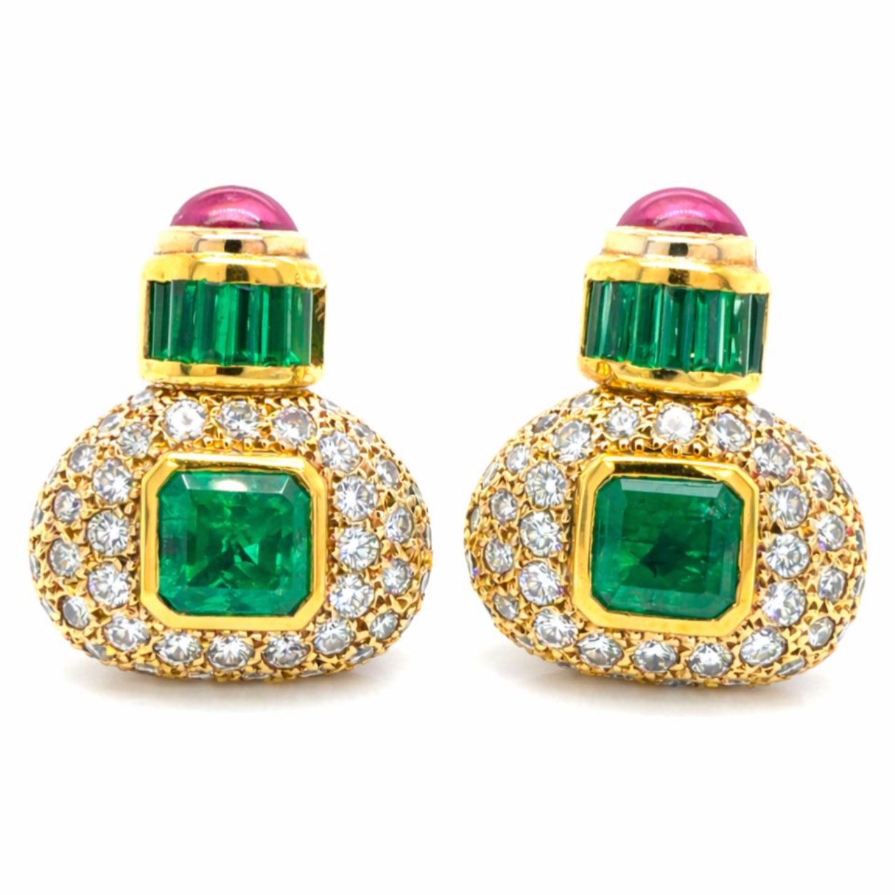 VASARI 18K Yellow Gold Colombian Emerald, Diamond, & Ruby Earrings VASARI 18K Yellow Gold Colombian Emerald, Diamond, & Ruby Earrings
