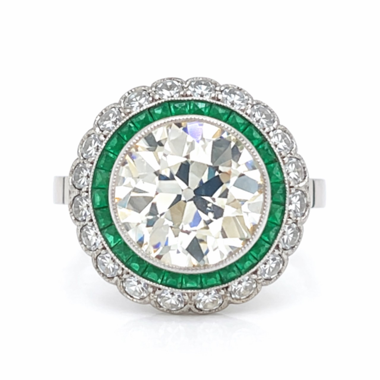 Art Deco Platinum 3.15 Ct. Diamond & Emerald Ring