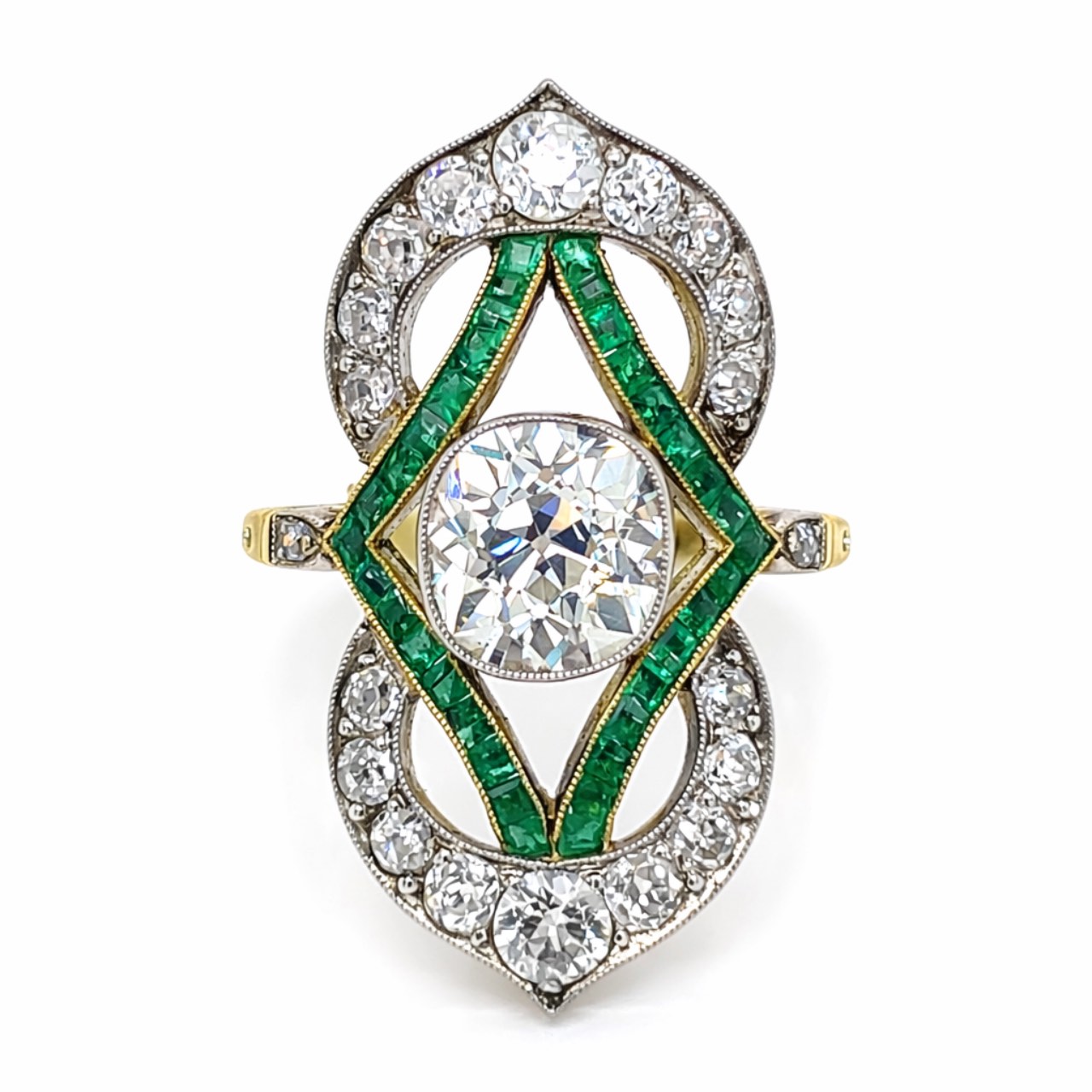 Art Deco 18K Yellow Gold & Platinum 2.65 Ct. Diamond & Emerald Ring