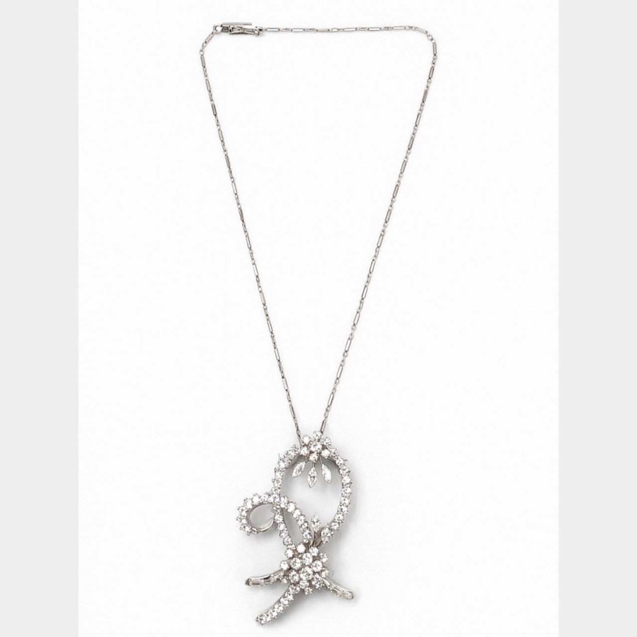 Art Deco Platinum Diamond Brooch/Pendant on 14K White Gold Chain
