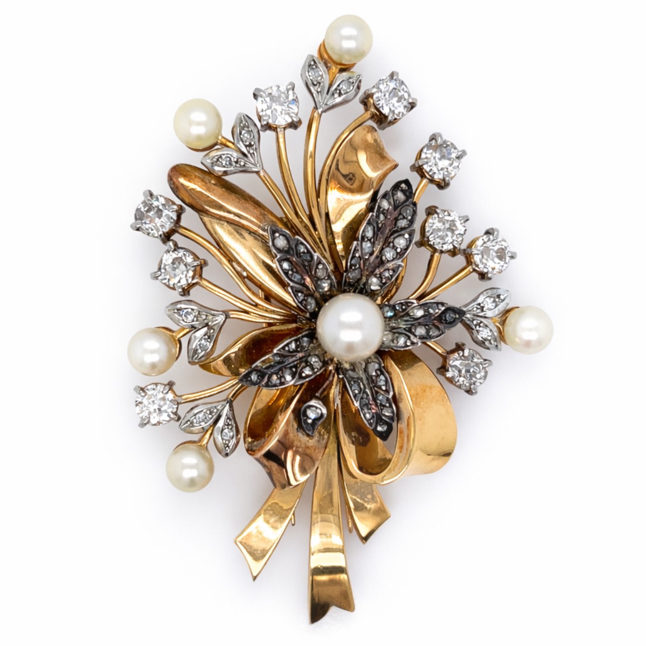 Retro 18K Yellow Gold Pearl & Diamond Brooch