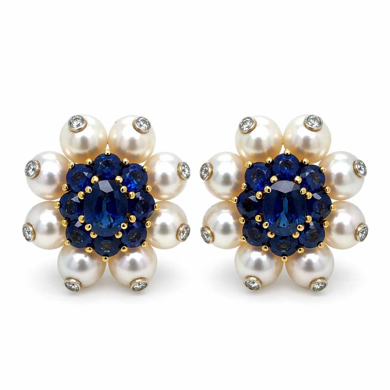 14K Yellow Gold Sapphire, Pearl, and Diamond Earrings