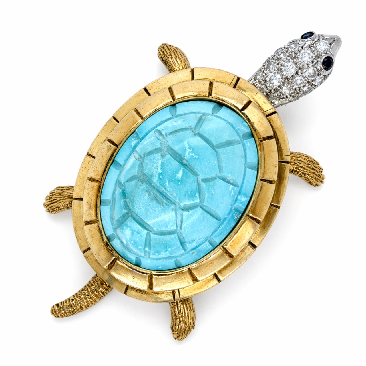 1960’s 18K Yellow Gold Turquoise & Diamond Turtle Brooch