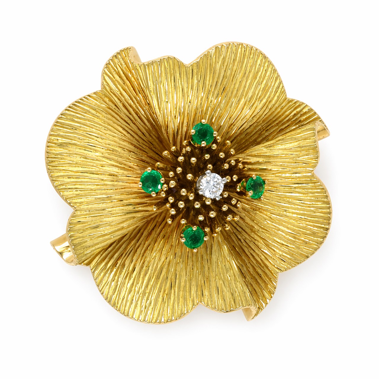 TIFFANY & CO. 18K Yellow Gold Emerald & Diamond Flower Brooch