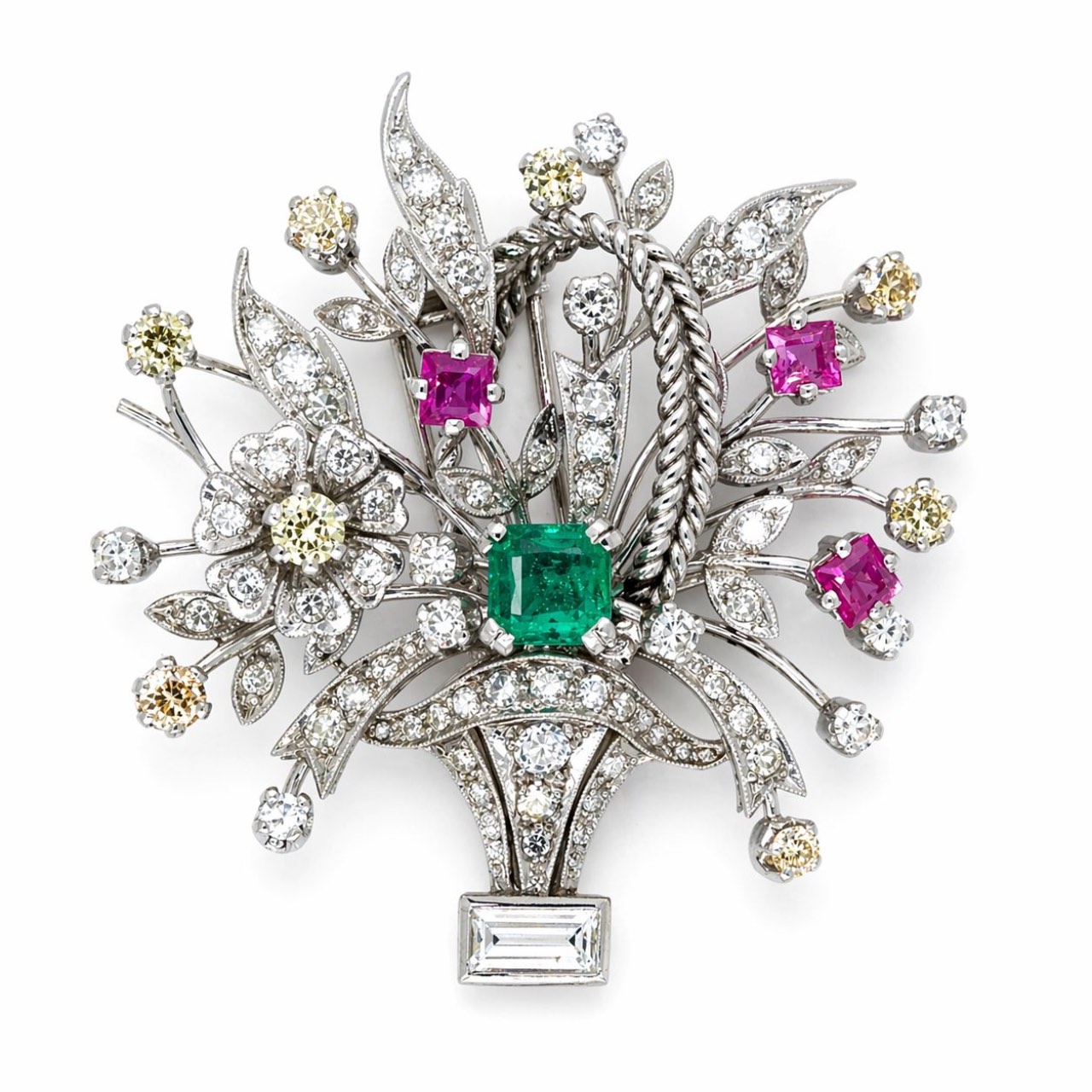 WALSER WALD Art Deco Platinum Diamond, Emerald, and Ruby Brooch