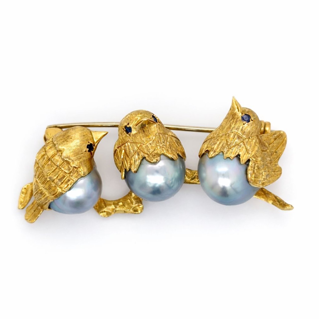 1960’s 18K Yellow Gold Cultured Pearl & Sapphire Bird Brooch