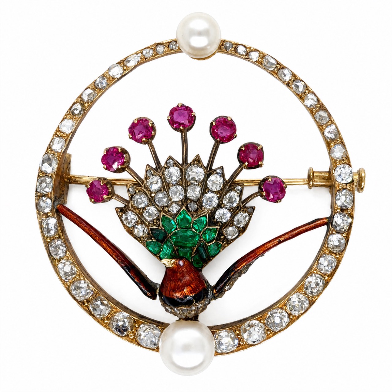 Victorian 18K Yellow Gold Diamond, Burma Ruby, Emerald, and Natural Pearl Brooch