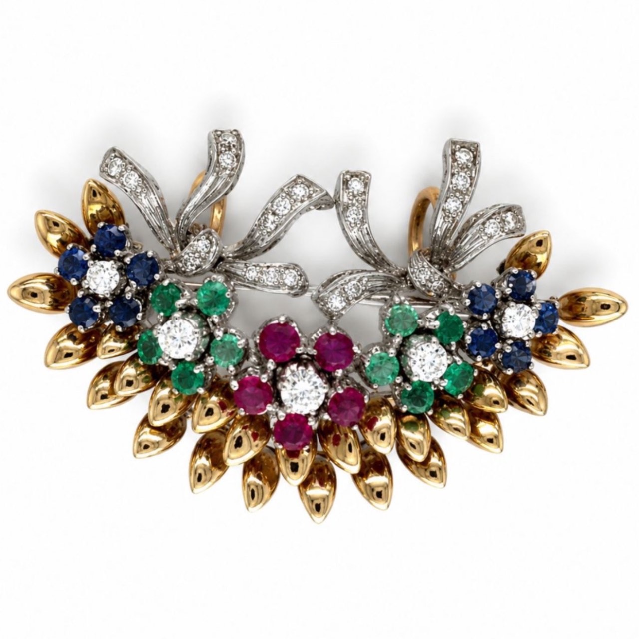 1960’s 18K Yellow Gold Diamond, Ruby, Emerald & Sapphire Broach/Pendant