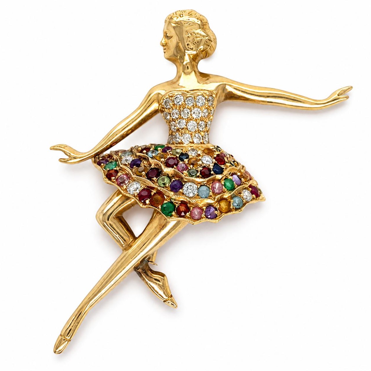 1960’s 18K Yellow Gold Diamond & Color Stone Ballerina Broach
