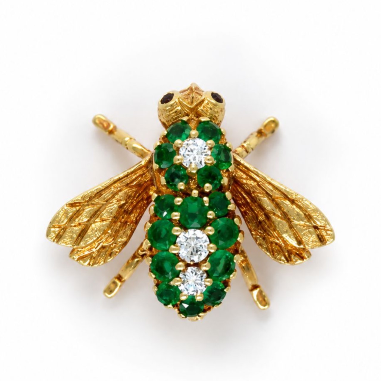18K Yellow Gold Emerald & Diamond Fly Brooch